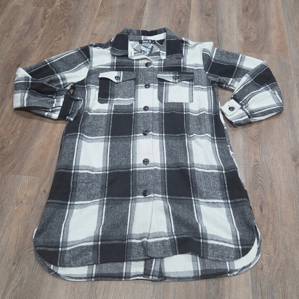 Blue B Collection Womens Plaid Shacket Black White Buffalo Check Longline M NWT